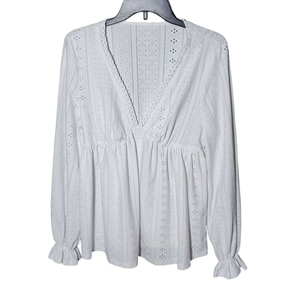 SHEIN VCAY White Eyelet Embroidered Empire Waist Blouse